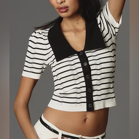 Maeve Anthropologie Short-Sleeve Collared Slim Cardigan Sweater White Black L - Picture 1 of 12